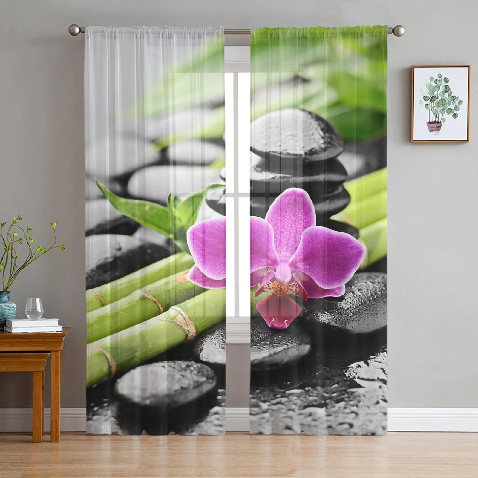 Orchidee Stein Blume Bambus Gardinen Wohnzimmer Fenster Tüll Vorhänge Für Schlafzimmer Küche Home Dekoration Voile Vorhänge W135 x H115cm x1&Grommet Top