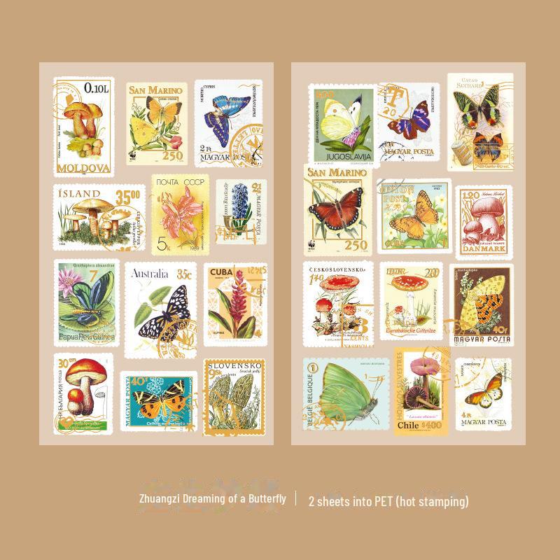 Yuezhen Retro-Notizbuchaufkleber mit Goldprägung für Kinder – 2 süße Stücke Zhuangzi Dreaming of a Butterfly