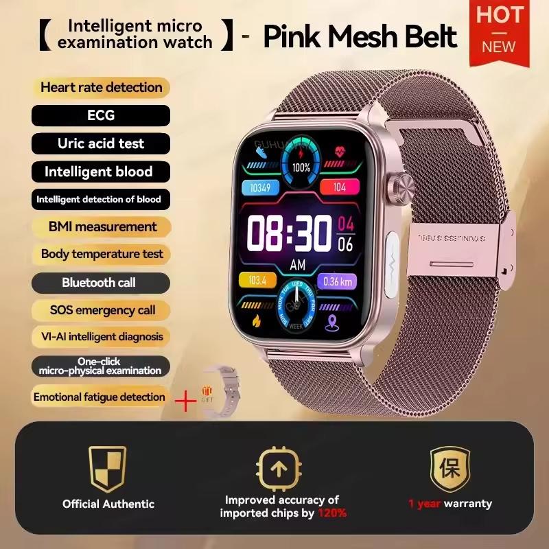 2025 Neue KI Diagnose Gesundheit Smartwatch Damen EKG HRV Funktion Blutdruck Harnsäure Lipid BT Anruf Smartwatches Damen Pink Mesh