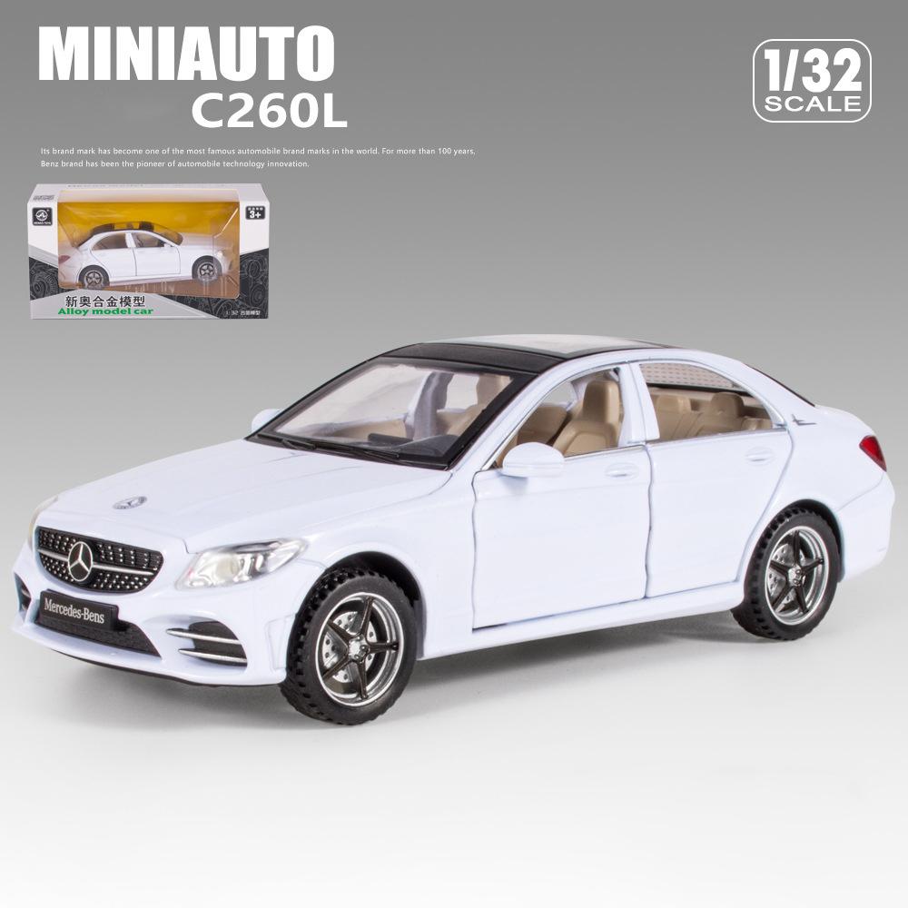 1:Maßstab 32 Benz C260L Modellauto aus Druckgusslegierung, Rückziehfahrzeug mit Ton und Licht für Kinder und Erwachsene, Geschenkkollektion 1/32-16x7x5cm weiß