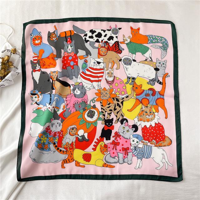 2022 seide Schal Druck Kopftuch Katze Haar Wrap Halstuch Weibliche Satin Quadrat Schal Für Frauen Stirnband Foulard Hijab Bandana