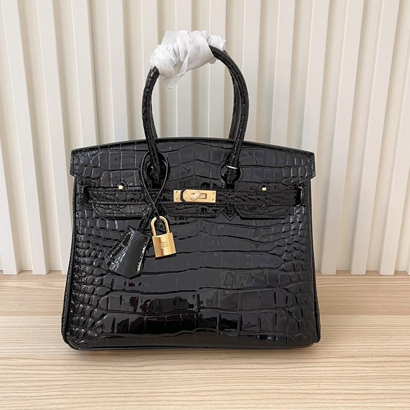 Oberste Schicht Rindsleder Krokodilmuster Tasche 2025 neue Leder Damen Tasche Business Pendler Handtasche Schulter Crossbody Tasche 25cm schwarz
