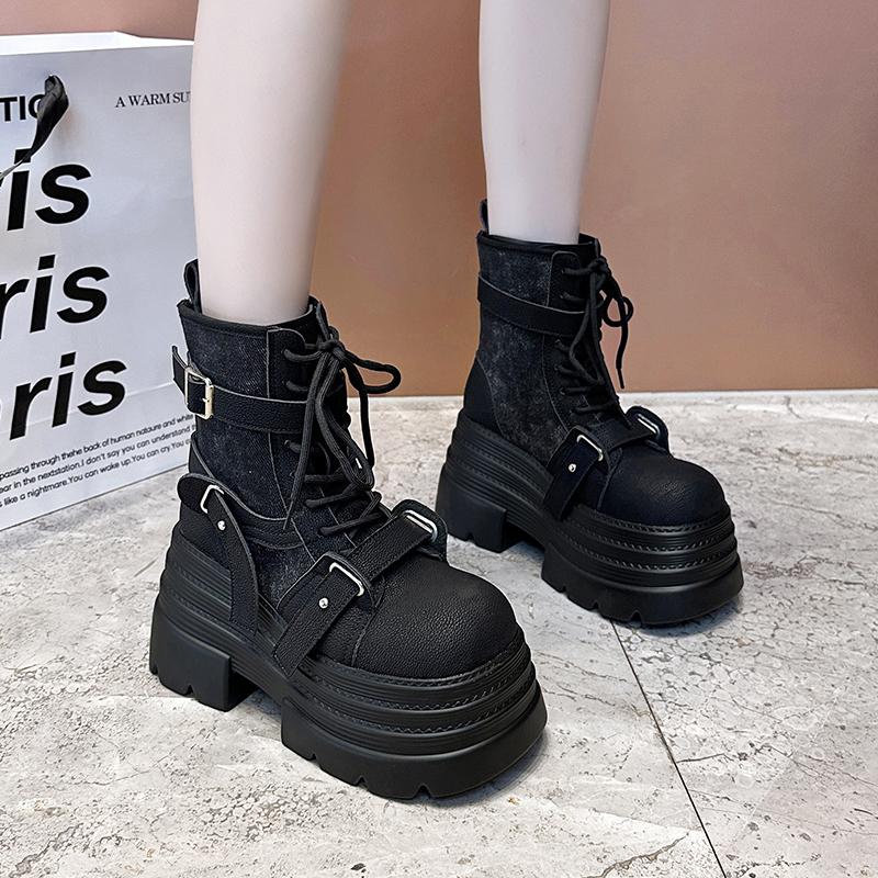 Designer Damen Kurze Stiefel Neu Herbst Winter Wildleder Leder Klobige Stiefel Gladiator High Platform Schnalle Goth Stiefel Mujer Zapatos 34 schwarz