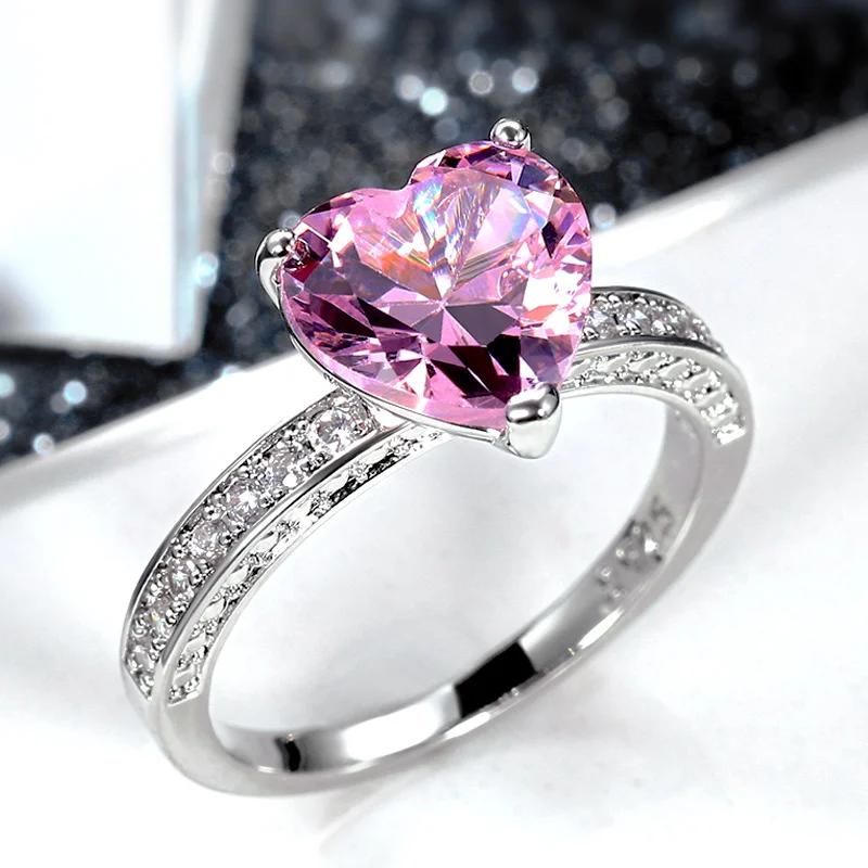Huitan Luxus Solitär Damen Herz Verlobungsringe AAA Rosa Zirkonia Antragsringe für Freundin Jubiläumsgeschenk 7&Silver Plated gray