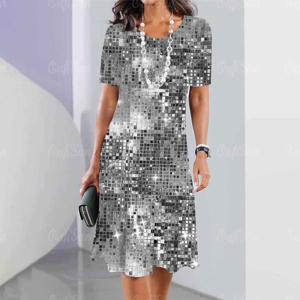 Neue Damenkleider mit Paillettendruck, elegante und schöne Midikleider, Übergröße, weibliches Sommer-Einteilerkleid M gray
