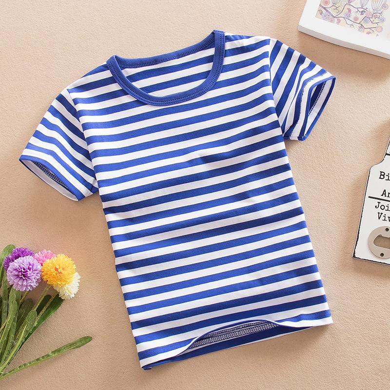 Kinderbekleidung T-Shirt Sommer Neu Kinder Kurzarm T-Shirt Stretch Baumwolle Gestreiftes Oberteil Rundhalsausschnitt Unterhemd 120cm blau