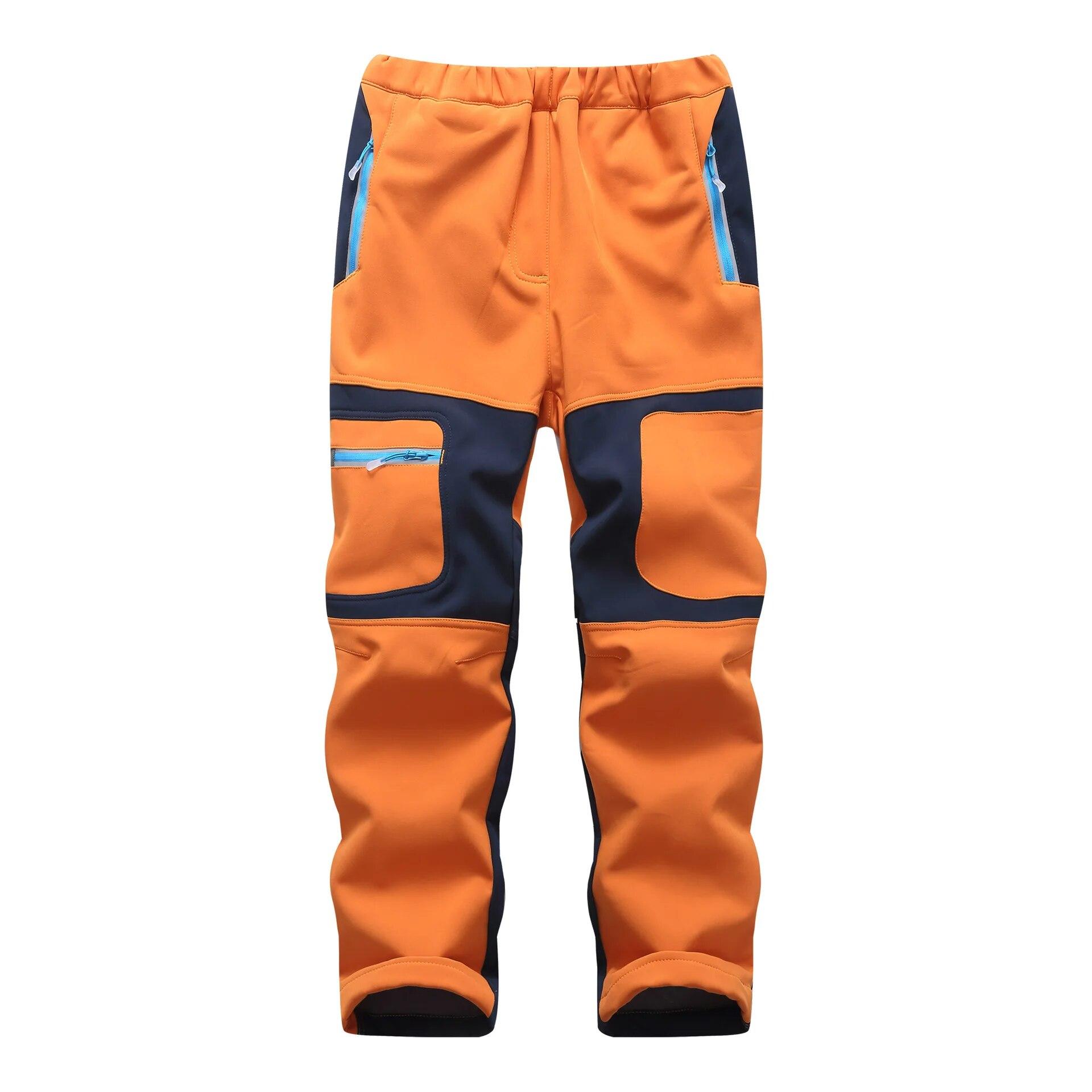 Mode Wasserdichte Junge Mädchen Kinder Hosen Warme Hosen Sportliche Klettern Leggings Kinder Patchwork Soft Shell Outfits Herbst 130 orange