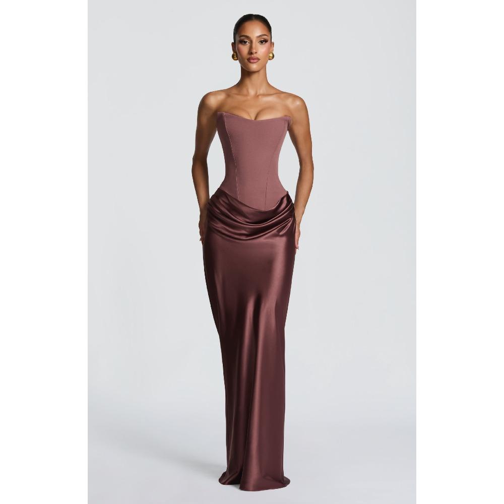 Damen trägerloses ärmelloses Maxikleid schmal geschnitten hohe Taille sexy Satin Meerjungfrauen-Abendkleid mit abnehmbarem Schal S rotbraun