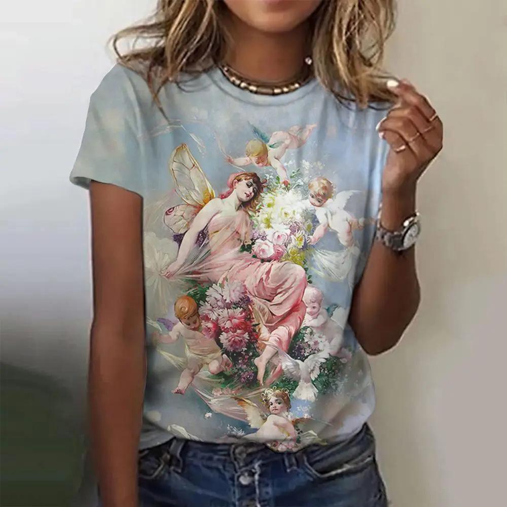 T-Shirts mit Engel-Blumen-Motiv, 3D-Druck, Damenmode, O-Ausschnitt, kurzärmelig, Y2k, Harajuku, übergroße T-Shirts, Tops, Damenkleidung 7XL