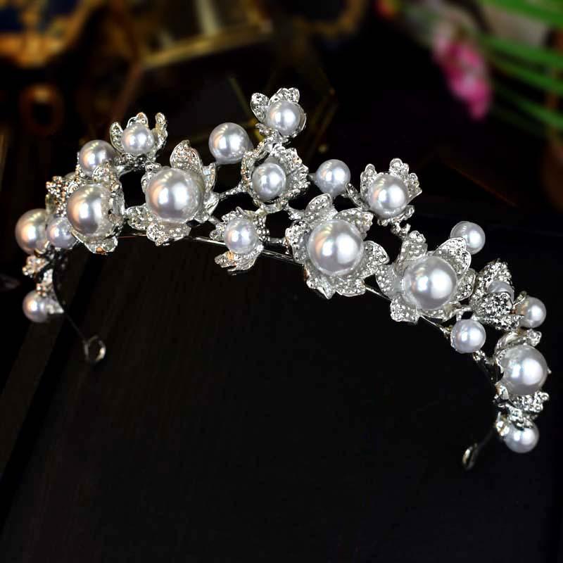 Europäische und amerikanische Schwerindustrie Perlenkrone Glänzende Braut Haupt Hochzeitskleid Haarschmuck Geburtstagsparty Schönheitswettbewerb Krone High-End gray