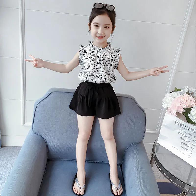 2PCS Kinder Kleidung Set Frühling Sommer Mädchen Anzüge Druck Ärmellose Streifen Tops + Hosen Kleidung Set 110 weiß