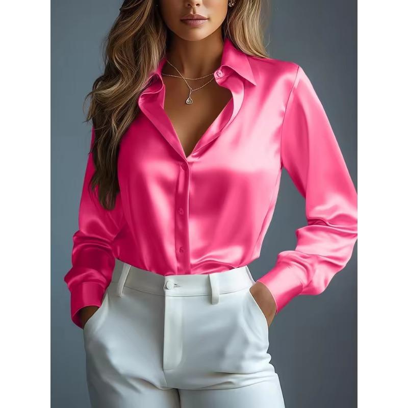 Damen Satinhemden Elegant Schlicht Langarm Bluse Büro Dame Knopfleiste Hemd Oberteil Herbst Weiblich Rundhals Shirts Bluse S rose rot