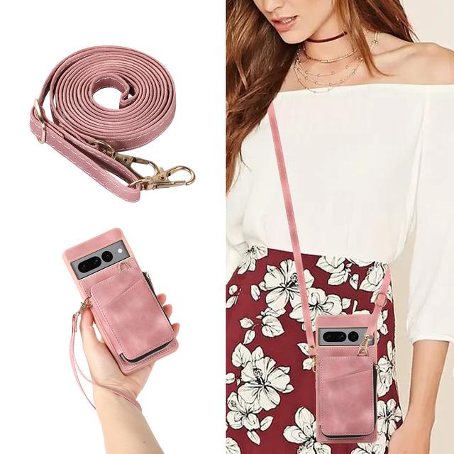 Umhängetasche aus Leder mit Halskette, Umhängeband, Reißverschluss, Geldbörse, Karten, Handyhülle für Google Pixel 7 Pro 7A 6A, Geldbörse, Münze, Handytasche, Handschlaufe For Pixel 7 rosa