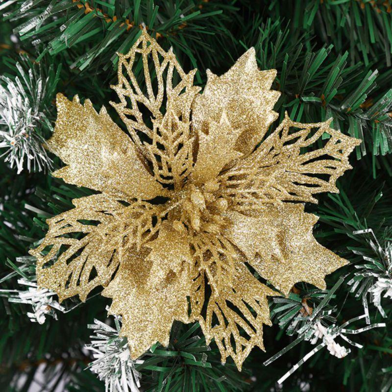 Weihnachten Durchbrochene Blumen Weihnachten Baum Anhänger Weihnachten Dekorationen Bunte Weihnachten Baum Dekoration Künstliche Blume Dekoration 10pcs gold