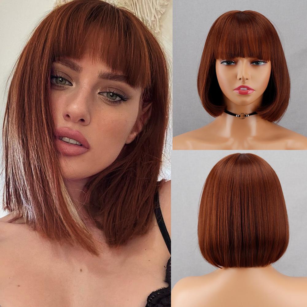 MERISIHAIR Kurze gerade Bob-Perücke für Damen mit stumpfem Pony, Kunstfaser, lila Farbe, Bob-Perücke für den täglichen Gebrauch, Cosplay 30-33