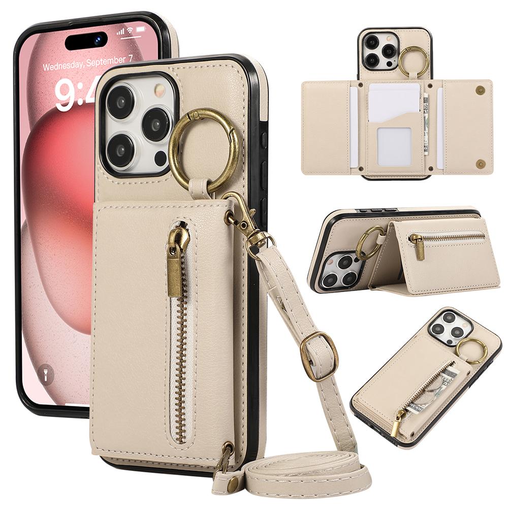 Crossbody Portemonnaie Ring Reißverschluss Ledertasche für iPhone 16 15 14 13 12 11 Pro Max XS MAX Samsung S25 S24 S23 S22 S21 Ultra Plus FE A16 A56 A15 A55 A54 iPhone 7Plus/8Plus beige