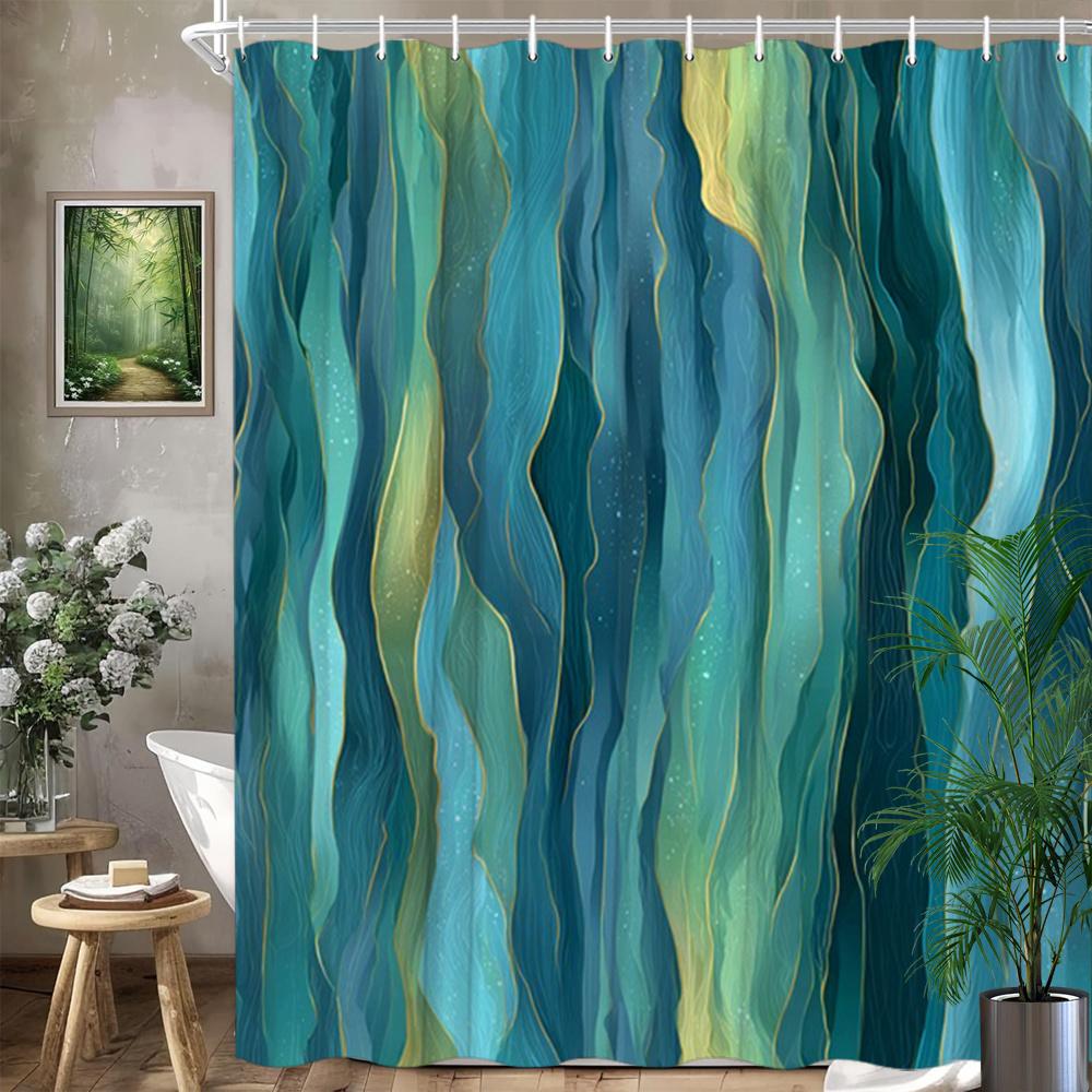 Abstrakter Meereswellen Duschvorhang Blau Türkis Grün Farbverlauf mit Goldenen Linien, Fluid Art Badevorhang für Moderne Wohnkultur 90X180cm(35x70in)