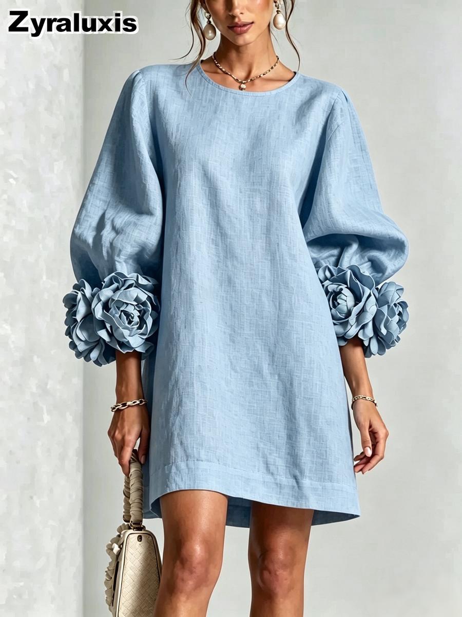 Herbst Neuer Stil Mode Damenkleider Französisches Spitzen-Laternenärmelkleid XXL hellblaue