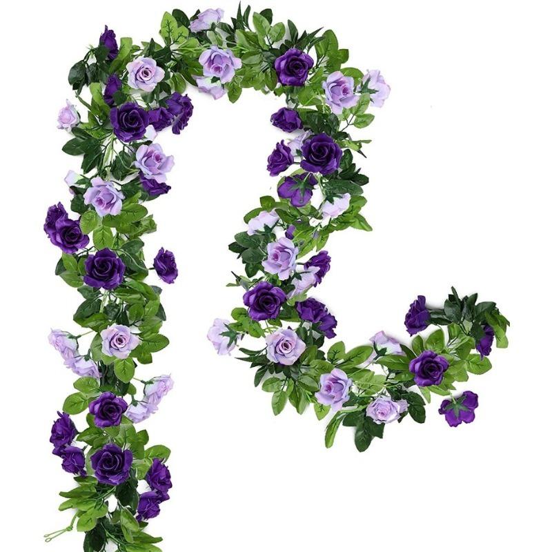 2 Stück 240 cm künstliche Rosenblüten, Ranke, grüne Blätter, Girlande, künstliche Pflanzenranke für Hochzeit, Bogen, DIY, Garten, Wand, Zuhause, Party-Dekoration violett