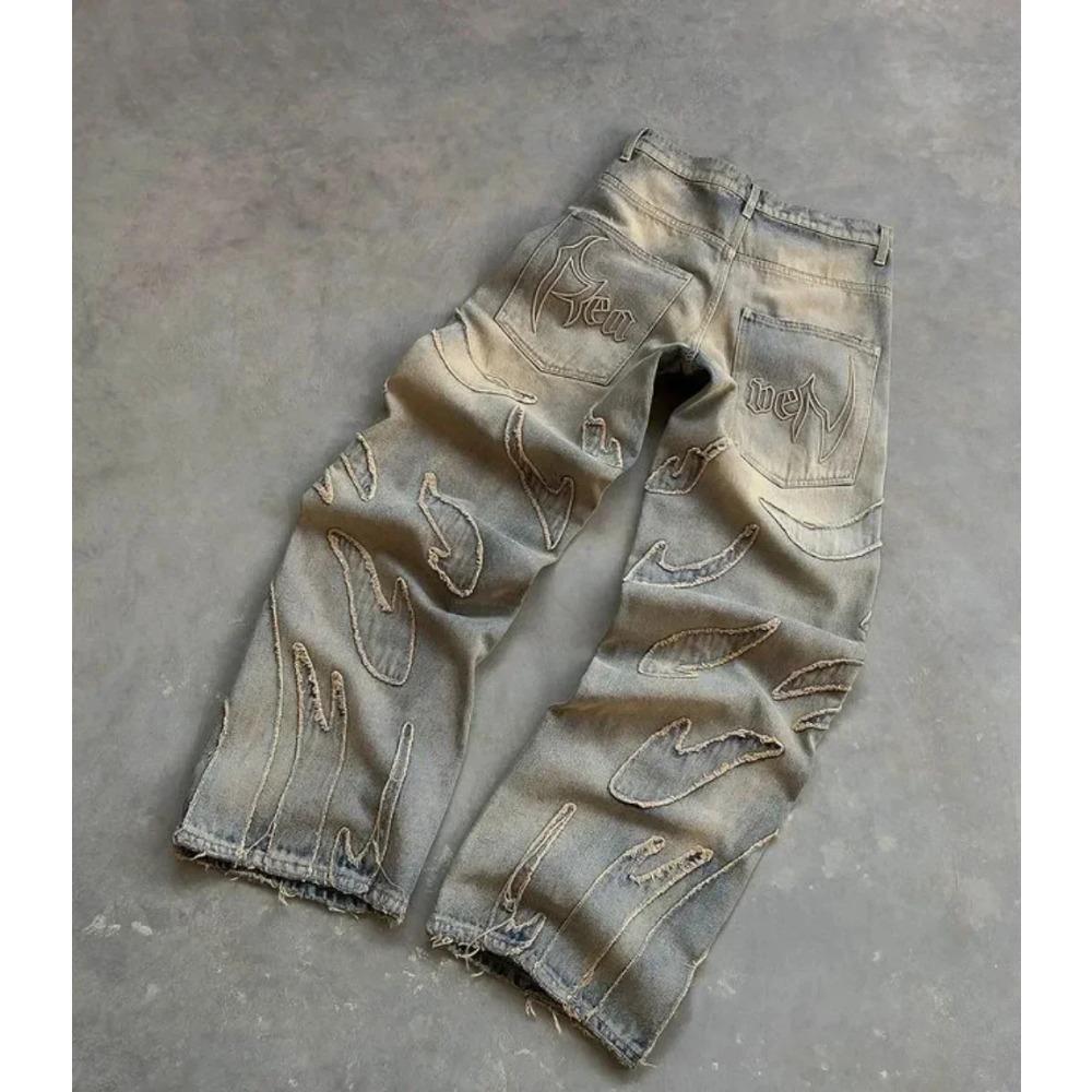 Y2k Hip Hop Baggy Jeans Distressed Retro Schwarze Hose Stickerei Harajuku Gothic Hose mit weitem Bein Streetwear Hose XXL