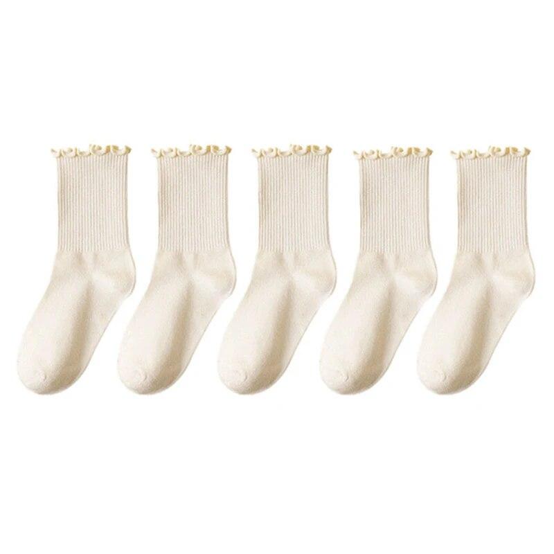 5 Paar/satz Socken Für Frauen Rüschen Baumwolle Mittelrohr Knöchel Kurze Socken Atmungsaktive Schwarz Weiß Frühling Herbst Socken beige