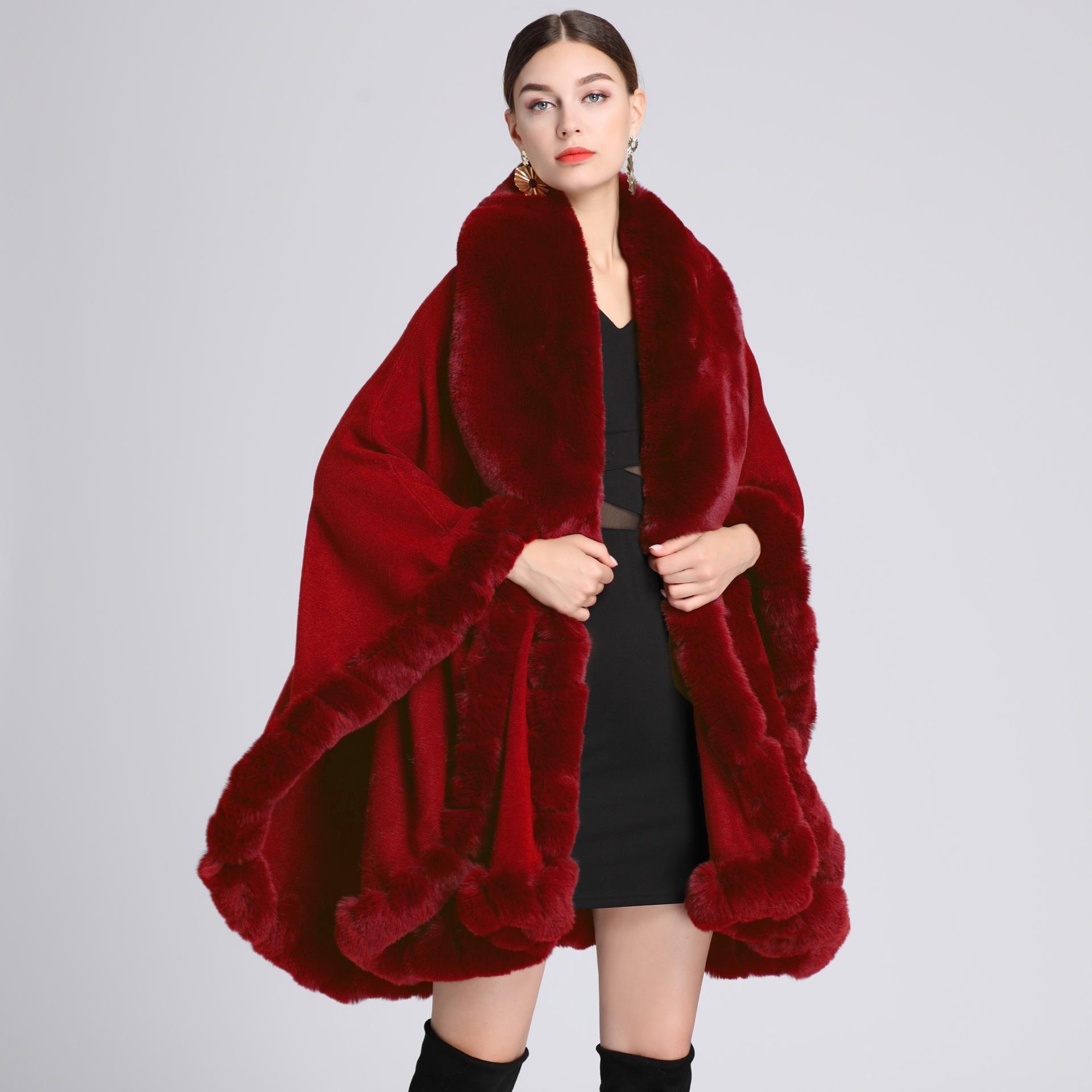 Eleganter V-Revers-Faux-Rex-Kaninchen-Pelz-Mantel-Umhang-Winter-Frauen-großer langer Schal-voller Trim-Pelz-Strickmantel-Mantel-großer Parka One size rot
