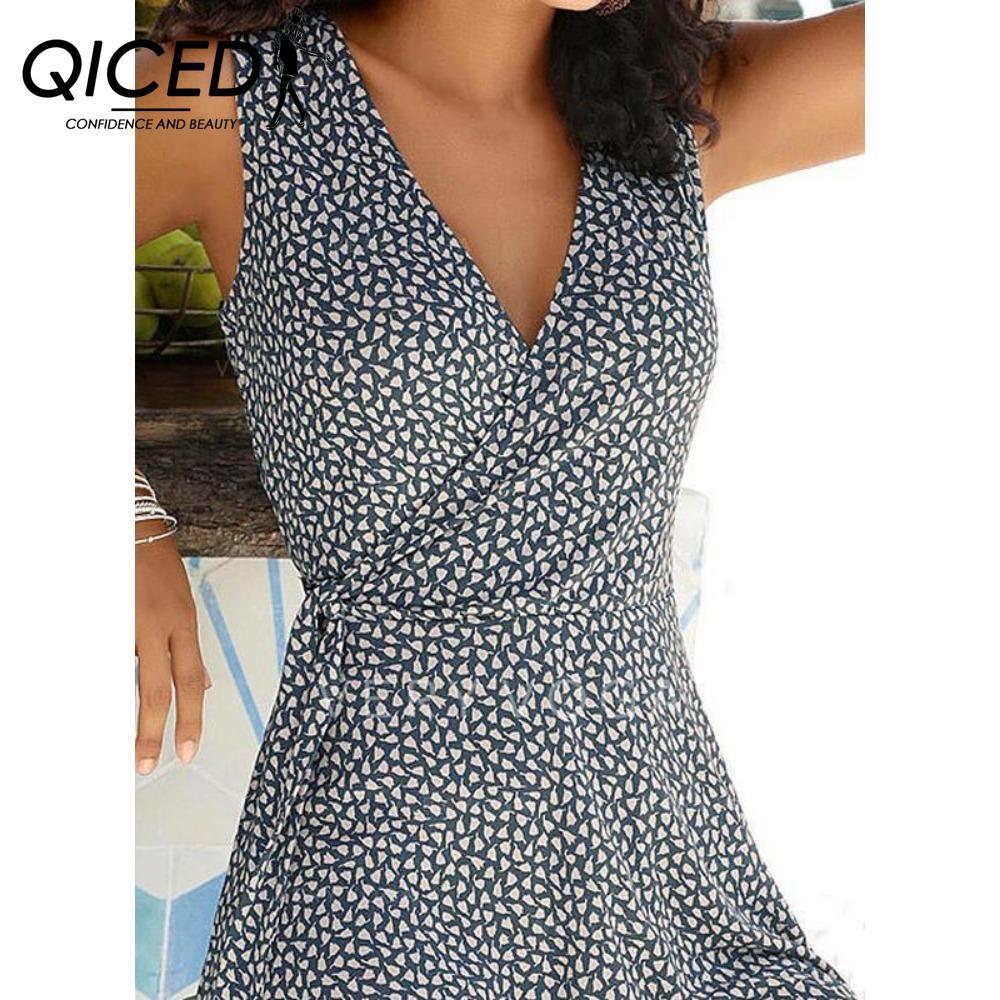 QICED Gepunktetes Kleid Damen Ärmellos Bandage Strandkleid Sommer Böhmische Kleider Für Damen Lässige V-Ausschnitt Kleider Weibliches Kleid L navy blau