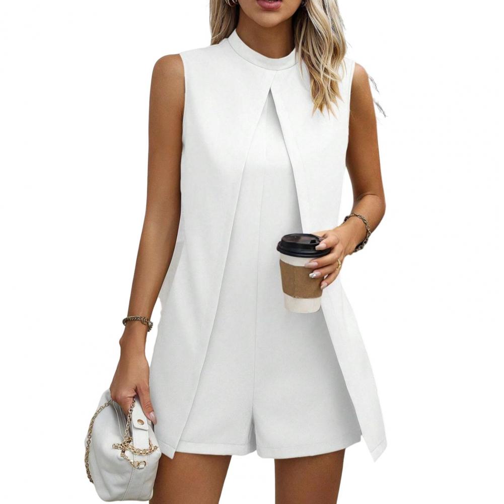 Damen Sommer Strampler Stehkragen Ärmellos Locker Geteilt Unregelmäßig Einfarbig OL Pendeln Formeller Business Stil Kurzer Strampler XL weiß