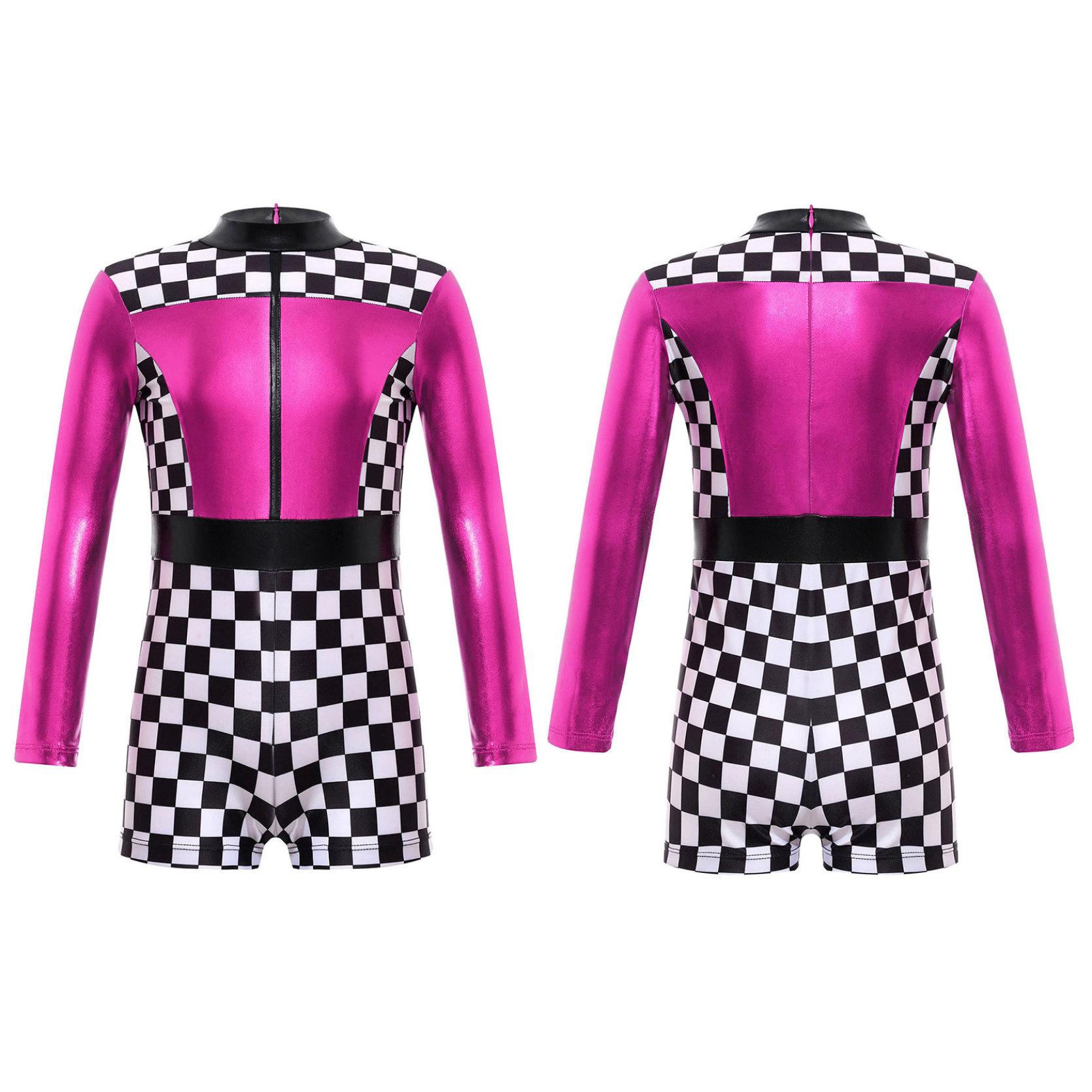 Mädchen-Rennwagen-Rennfahrer-Kostüm, langärmelig, Schachbrettmuster, Farbblock, Patchwork, Reißverschluss hinten, kurzer Overall, Cosplay-Kostüm 5-6 Years heißes rosa