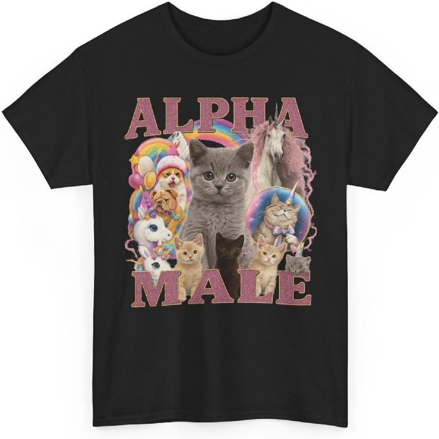 Alpha-Männchen Lustiges Kätzchen Shirt, Einhorn Regenbogen Katze, Ironische Y2K Ästhetik, Gen Z Meme T-Shirt, Sarkastisches Grafik-T-Shirt, Süßes Katzen-T-Shirt XXXL schwarz