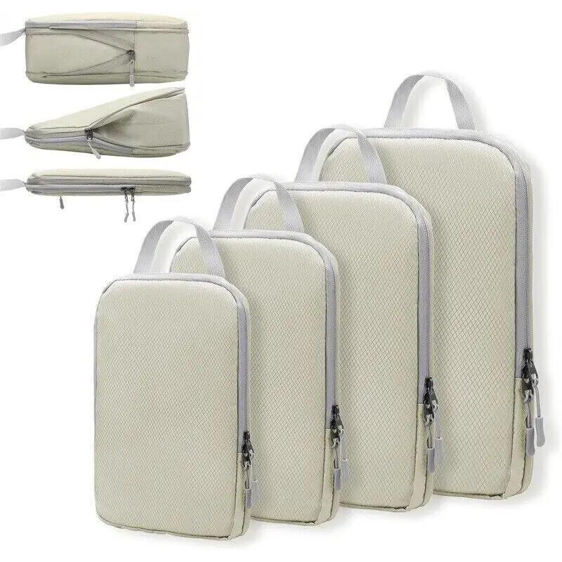 Kompressionstaschen für die Reise, 4-tlg. Kompressions-Reise-Organizer, Koffer-Organizer-Taschen-Set, Packwürfel, Reise, doppelt genäht beige
