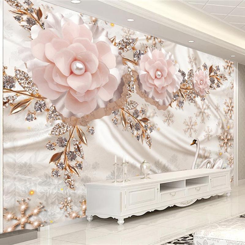 Wandbild Tapete im europäischen Stil Luxus Schwan Schmuck rosa Blumen Tapeten Wohnzimmer Schlafzimmer Dekor 3D Aufkleber 275cm(W) x 190 cm(H)