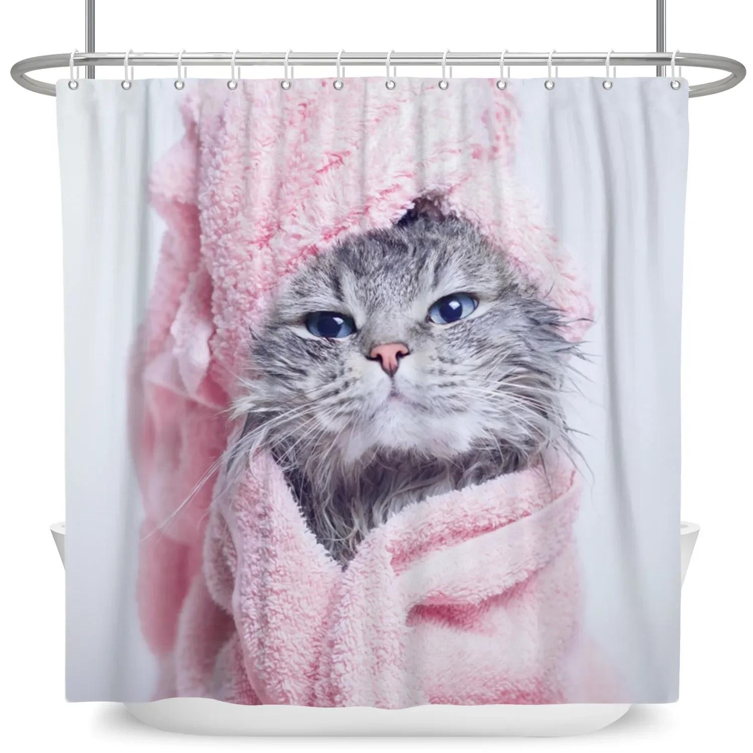 Lustiger Katze Duschvorhang Cartoon Niedliche Katzen Hund Kinder Duschvorhang Für Badezimmer Wasserdichtes Polyester Heimdekor Duschvorhänge 90x180cm-35x70in gray