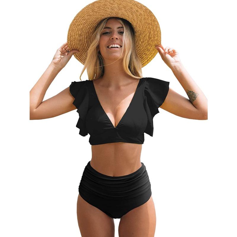 Geteilter Badeanzug, hoch taillierter Bikini, 9-farbiger Badeanzug mit Rüschenrand XL schwarz