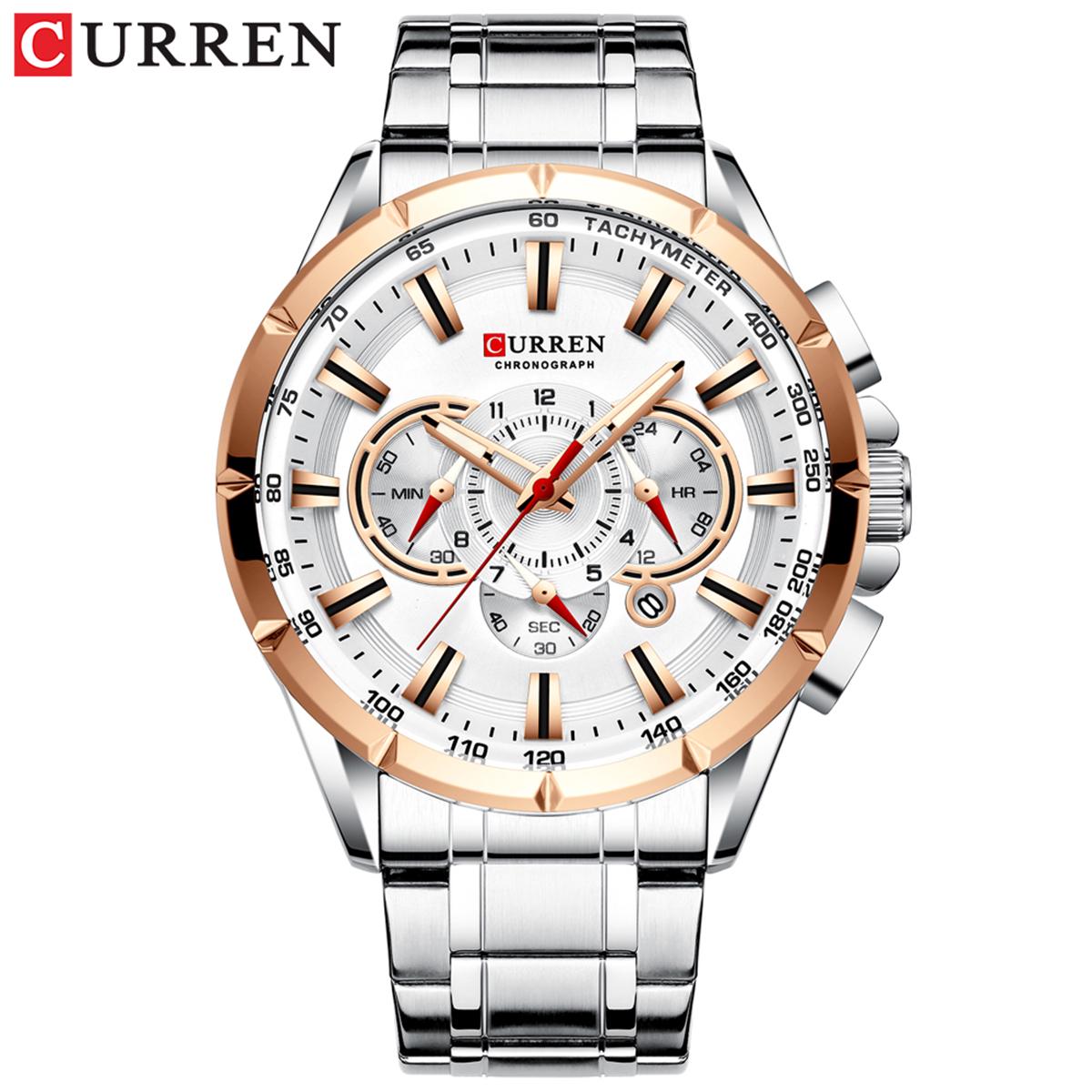CURREN 8363 Uhr Quarz Herren Armbanduhr Uhren mit Edelstahlarmband Drei Hilfszifferblätter Kalenderanzeige Wasserdicht weiß/silber