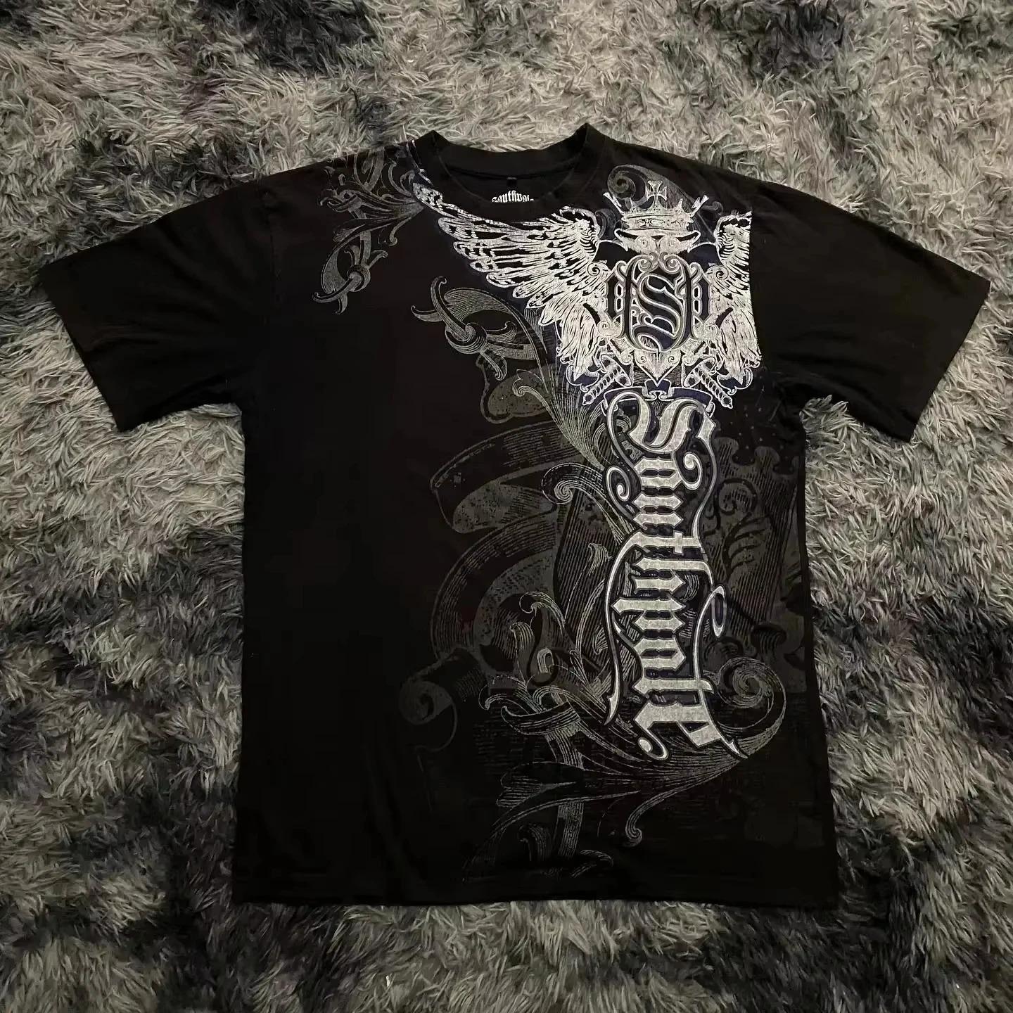 Klassischer Y2K Gothic Style T-Shirt Print Oversized T-Shirt High Street Shirts Gothic Rundhals Baumwoll-Tops Neues Herren Damen T-Shirt XL beige