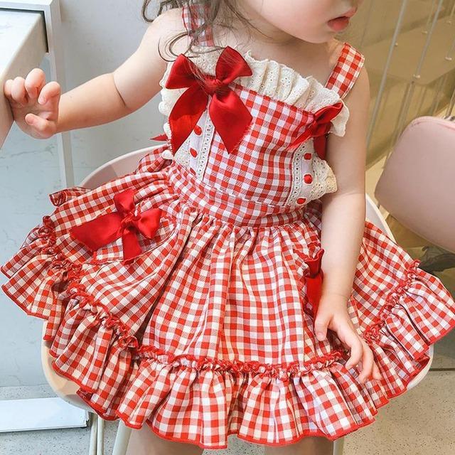 Kinder Mädchen Plaid Druck Kleid Sommerkleid Schleife Spitzendekoration Lolita Prinzessin Kleid Square Neck Kleid S rot
