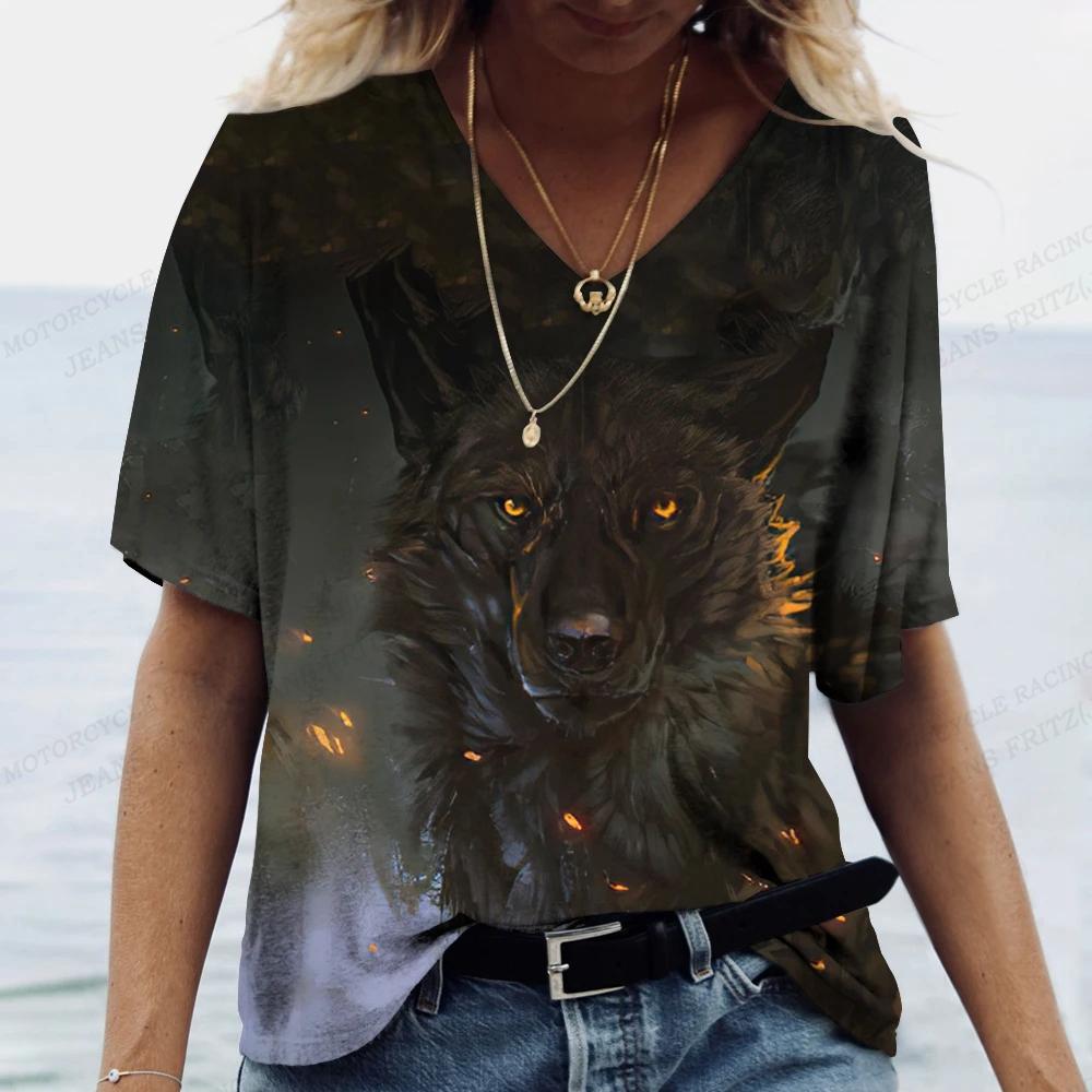 Damen T-Shirt Tier Wolf 3D Druck Mode T-Shirt V-Ausschnitt Damen Damen Bluse Sommer 4XL