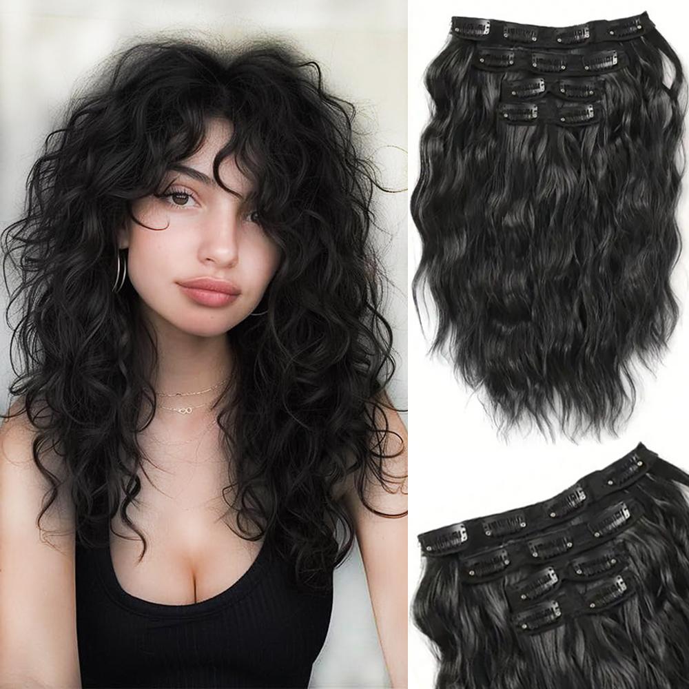 LISI HAIR Synthetische Clip-in Haarverlängerungen Kurz Wellig Braunes Haar 4 STÜCKE Haarverlängerungen Unsichtbare Spitzenweft Natürliche Weiche Haarteile Für Frauen 35cm