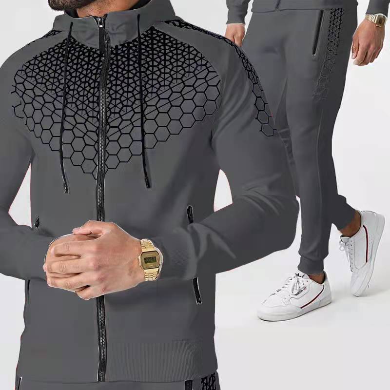 Herrenanzug Zweiteiliger Jogginganzug für den Außenbereich Wabenmuster Sport Reißverschluss Kapuzenpullover Jogginghose Übergröße S grau