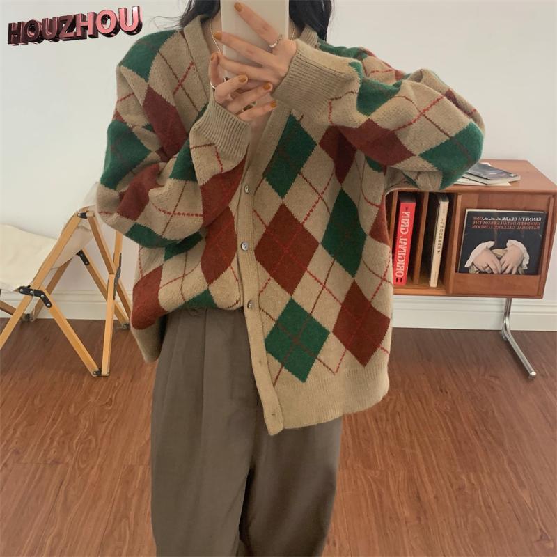 Diamant Plaid Pullover Jacke Frauen Winter Koreanische Vintage Lose Strickjacke Pullover Mantel Casual Lange-sleeve Gestrickte Dicke Strickjacke L khaki