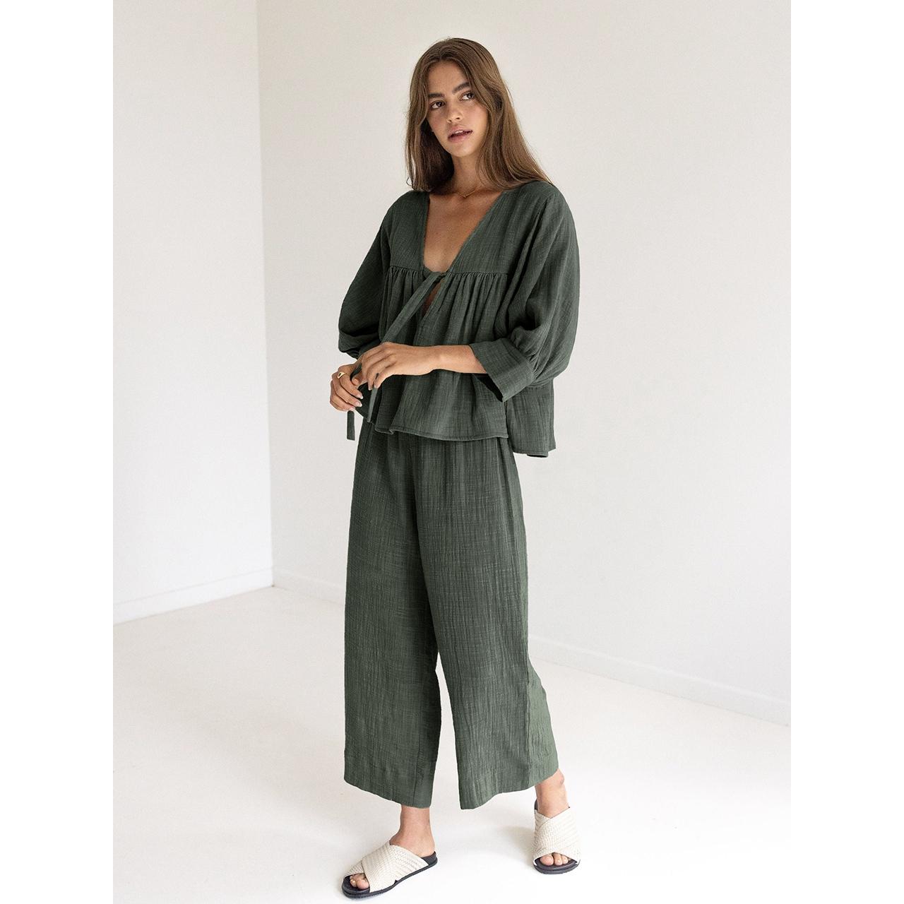 Baumwolle 2 Stück Sets frauen Nachtwäsche Drei Viertel Sleeve V-ausschnitt Spitze Up Pyjamas Lose Hosen Anzüge Weiblichen nachtwäsche M grün