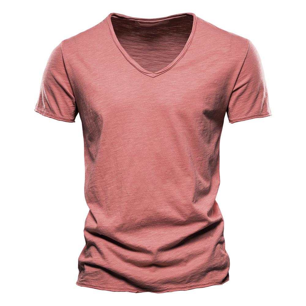 Herren Sommer Einfarbig V-Ausschnitt Kurzarm T-Shirt Baumwolle Oberteil Europäischer und Amerikanischer Stil Herrenmode L rot