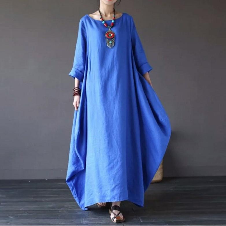 Damen Leinen Baumwolle Kaftan Fledermausärmel Locker Weit Lang Maxi Hemdkleid Roben Oberteil Mode 3/4 Ärmel Übergröße Rundhalsausschnitt Kleid XXXL blau
