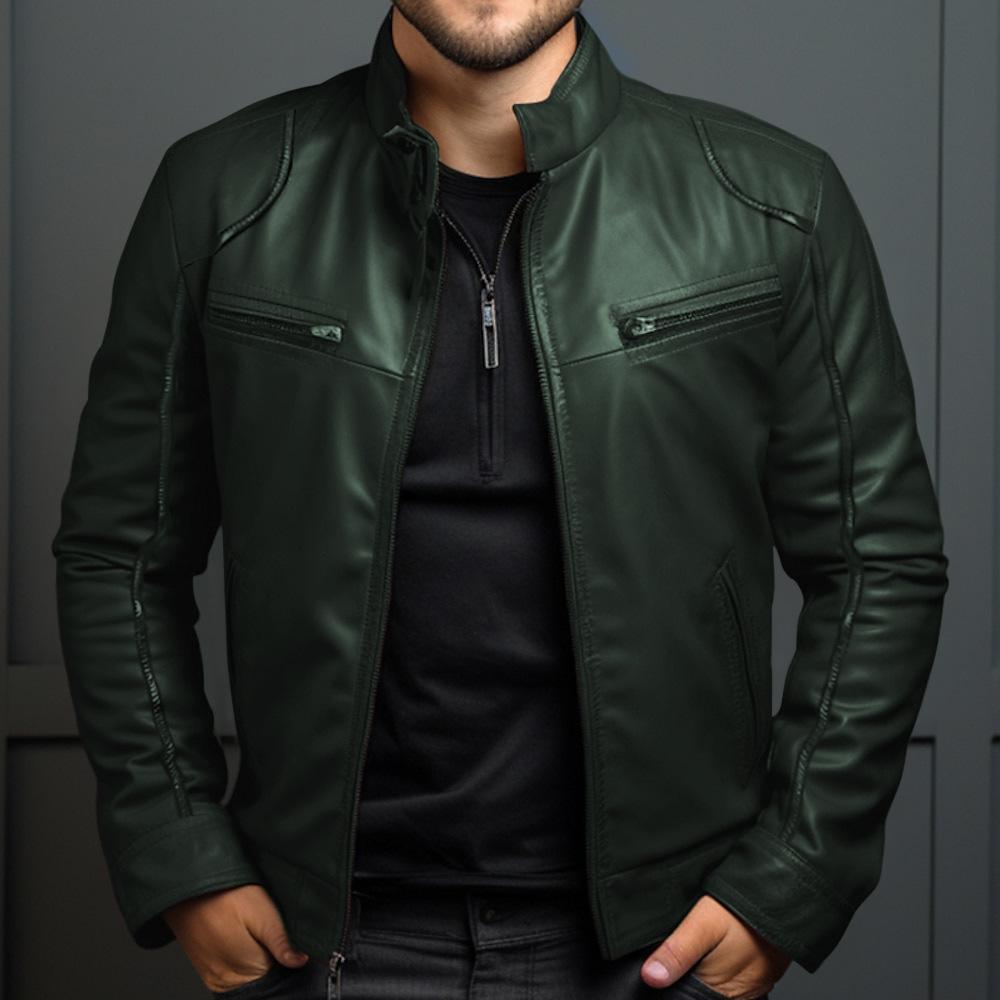 Herren Business Lederjacke für Frühling und Herbst, Modische Stehkragen Freizeit Lederjacke für Herren 3XL dunkelgrüne