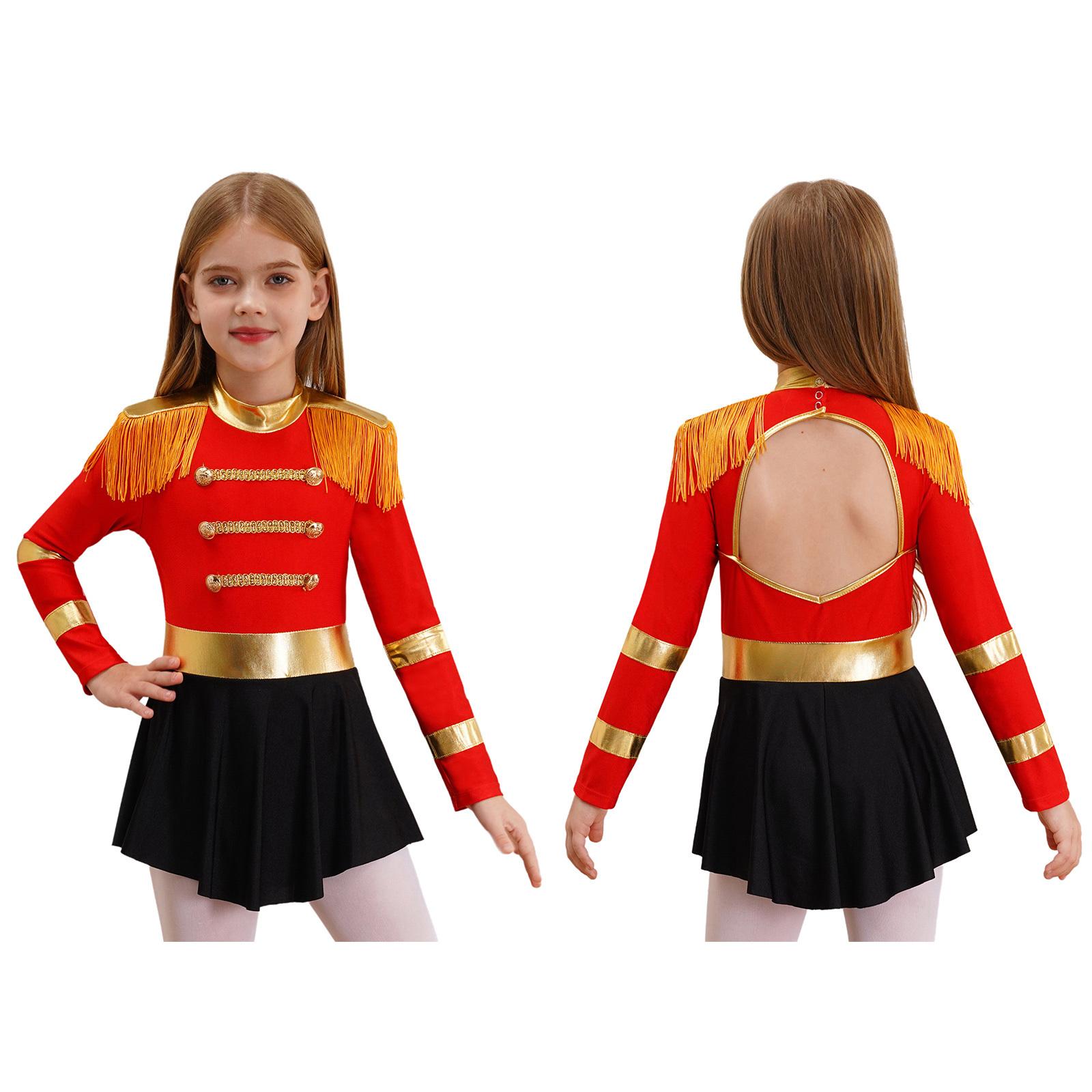 Kinder Mädchen Zirkus Ringmaster Cosplay Kostüm Löwenbändiger Showman Halloween Outfits Fransen Epauletten Overall Performance Bodysuit 13-14 Years rot