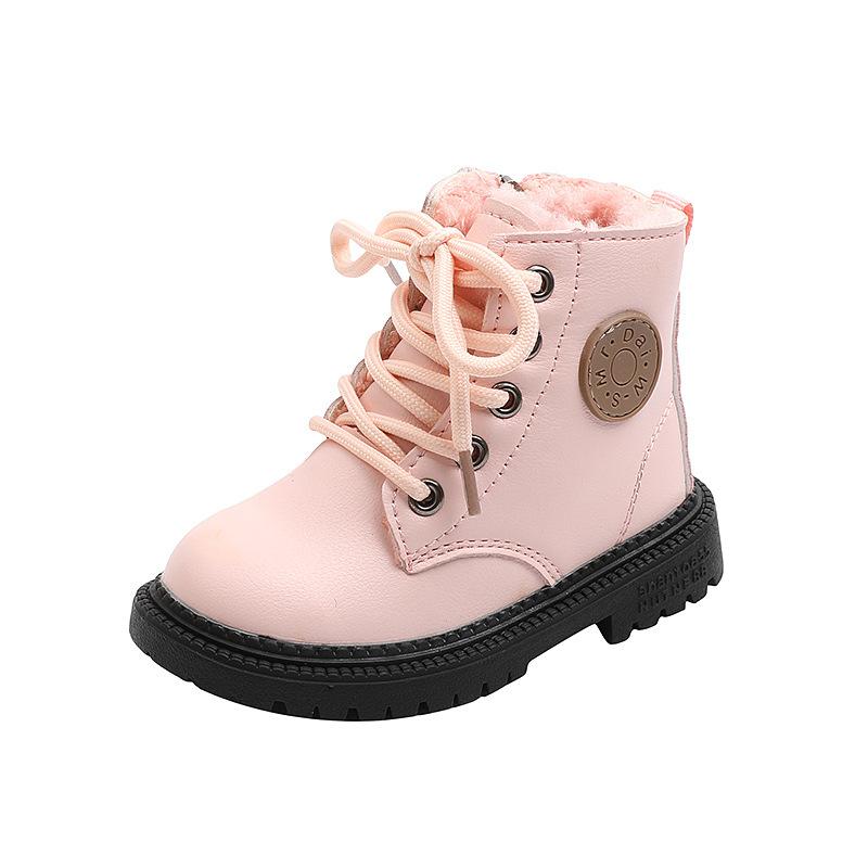 Winter Kinder Stiefel Jungen Mädchen Leder Martin Stiefel Plüsch Mode Wasserdicht Nicht-rutsch Warme Kinder Stiefel Schuhe 23 rosa