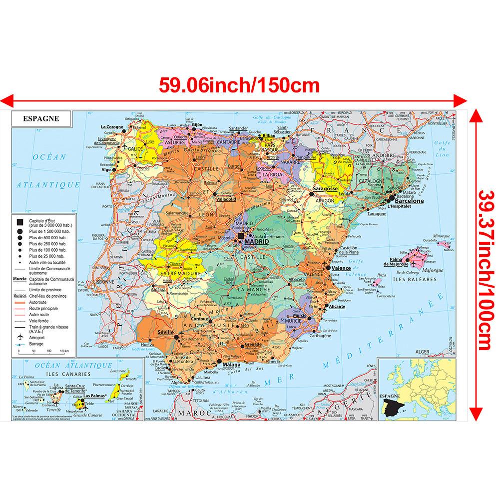 Französische Karte-Spanien Administrative Karte-Rahmenlose pädagogische Wandkunst-Dekoration, Geschenk für Sprachlerner & Geographie-Enthusiasten 150*100cm