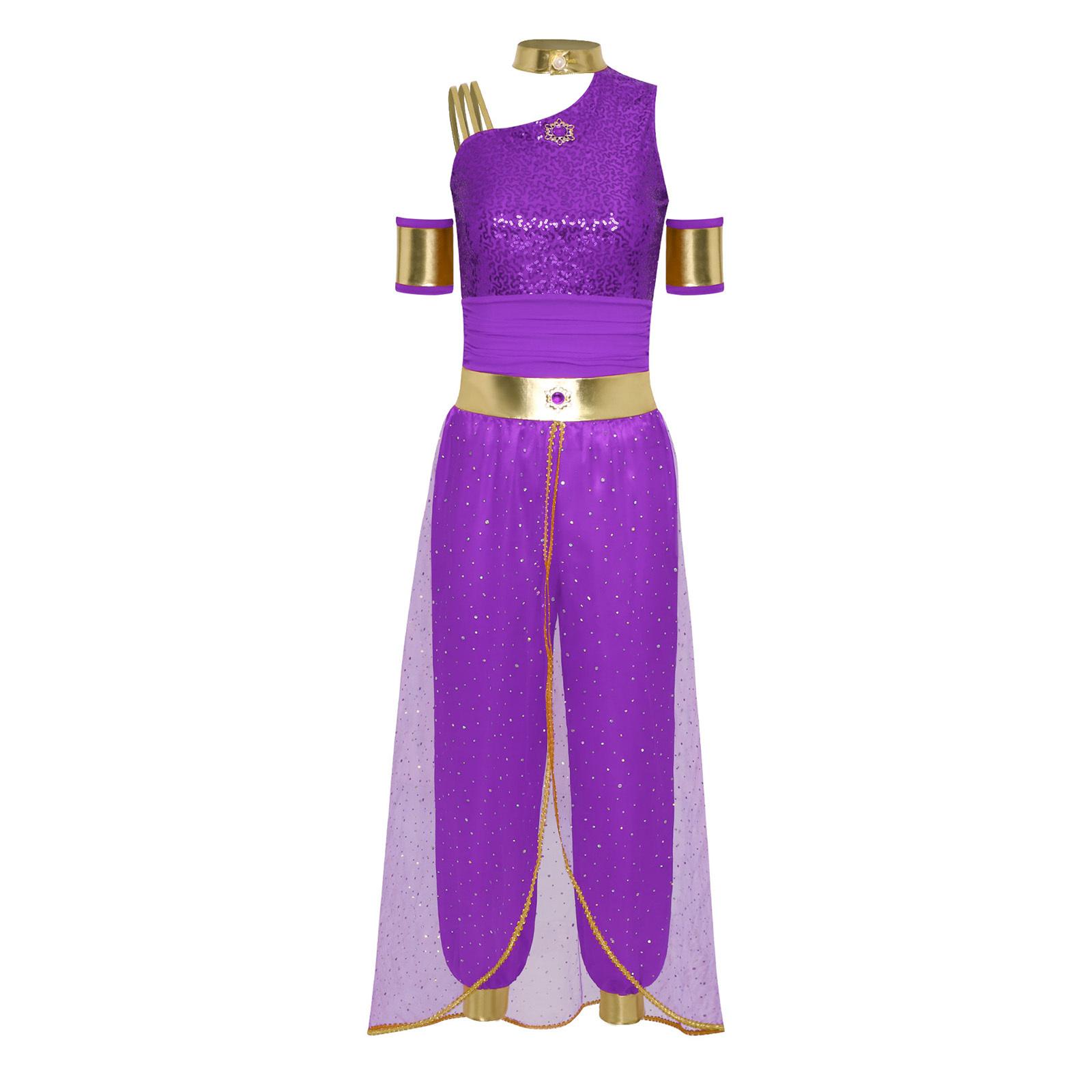 Damen Arabische Prinzessin Cosplay Bauchtanz Kostüm Edelstein-Verzierung Kontrastfarbe Glänzendes Tüll-Überlager Jumpsuit XL violett
