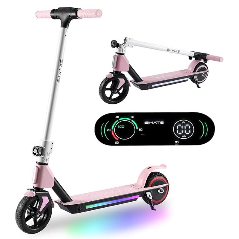 Elektroroller Kinder, Faltbarer Elektroroller für Kinder 6-12 Jahre, mit Doppelbremsen, Regenbogenlichtern und LED-Display, 3 Geschwindigkeitsmodi E-Scooter Kinder rosa